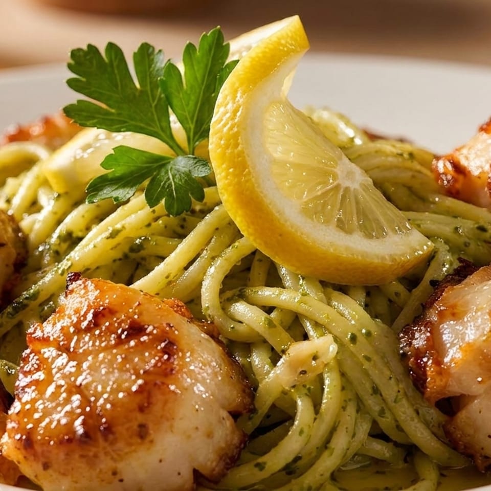 Golden seared scallops served with pesto linguine, lemon wedge, and parsley garnish on a white plate.