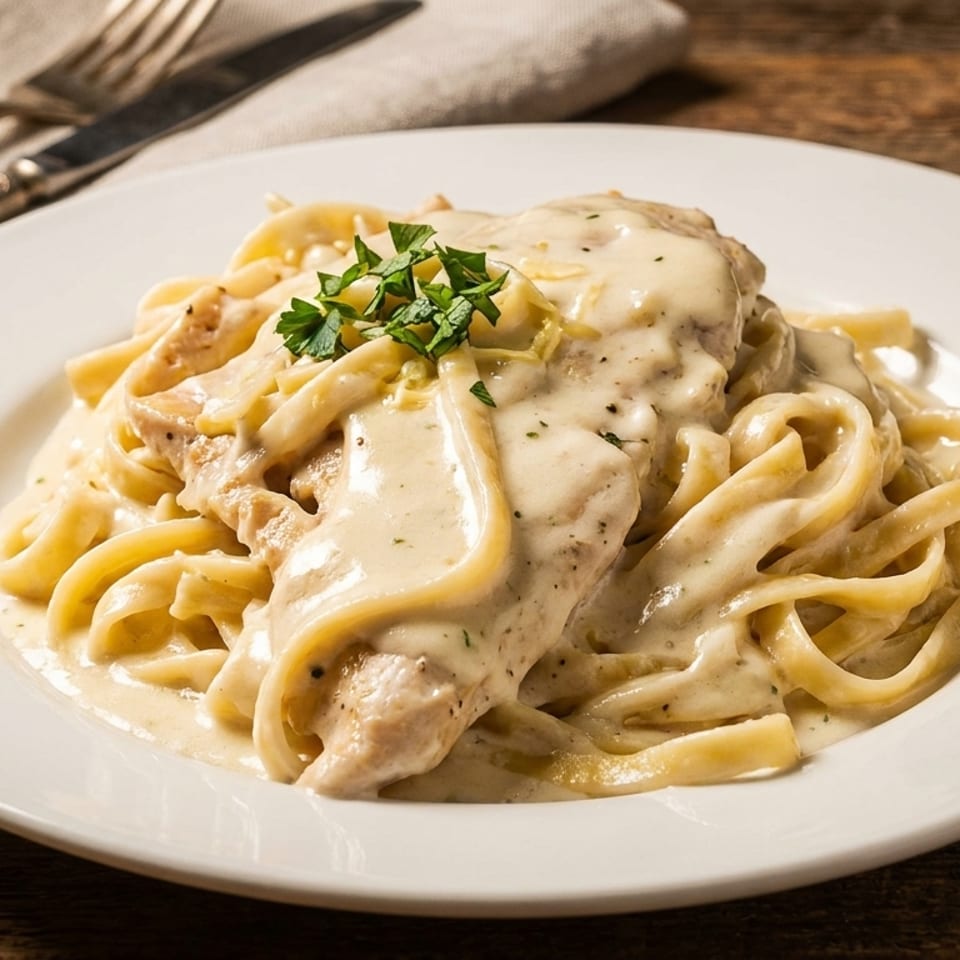 Creamy chicken Alfredo with fettuccine pasta and parsley served on a white plate atop a rustic wooden table.