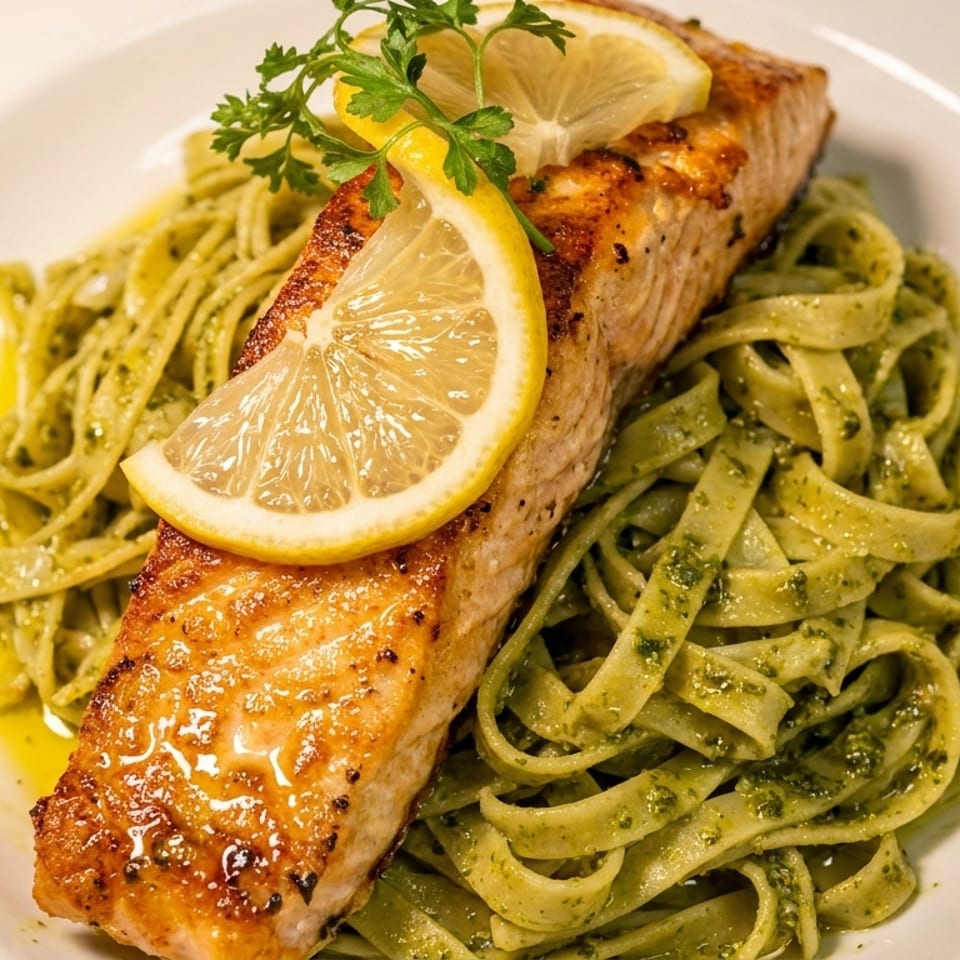 Grilled salmon fillet topped with lemon and parsley, served over green pesto fettuccine on a white plate.