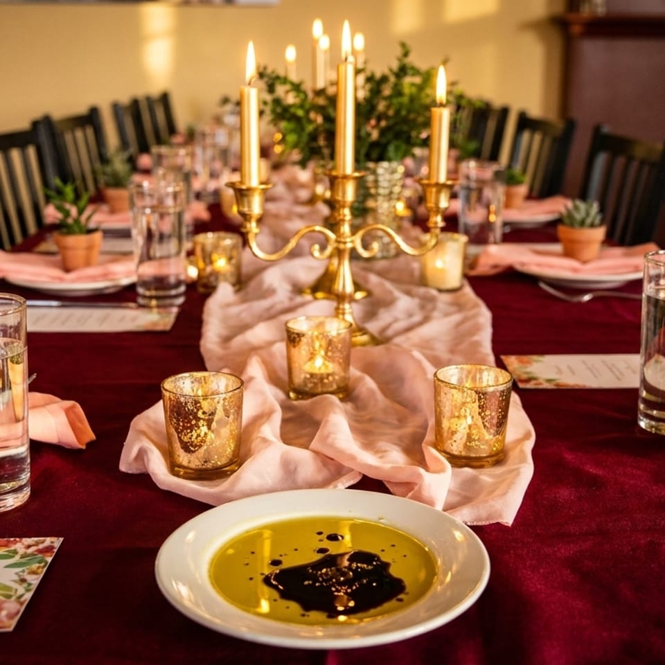 Elegant restaurant dining table with burgundy linens, pink napkins, candles, succulents, place settings, and olive oil dipping dish