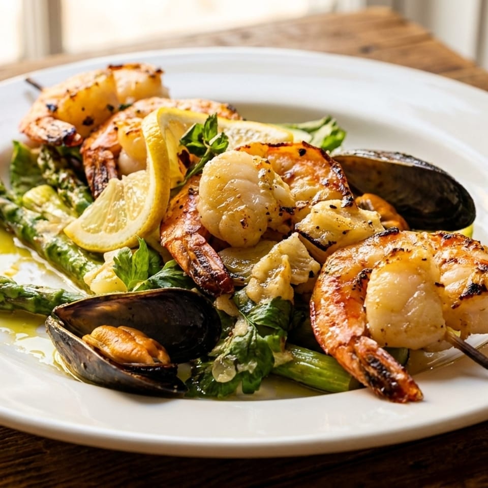 Grilled shrimp and mussels served with asparagus, lemon wedges, and herbs on a white plate.