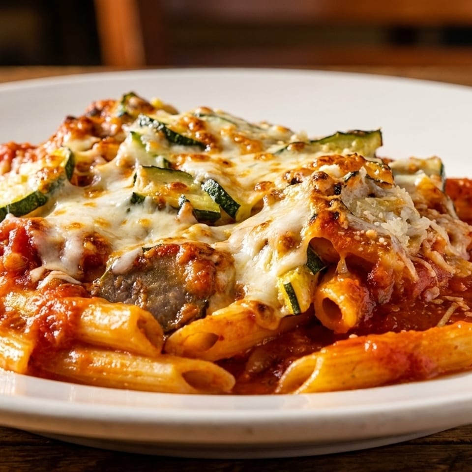 Baked penne pasta with tomato sauce, sausage, zucchini, and melted cheese served on a white plate.