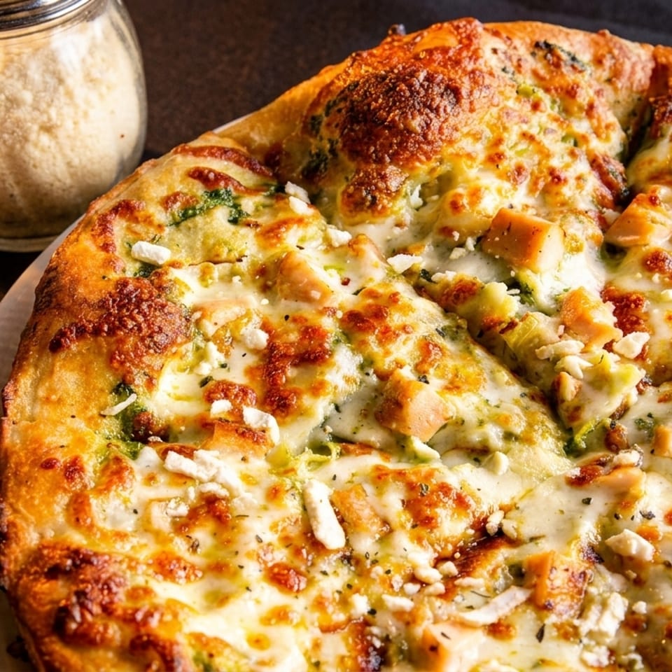 Close-up of a golden, cheese-covered pizza topped with chicken and vegetables, beside jars of crushed red pepper and grated cheese.