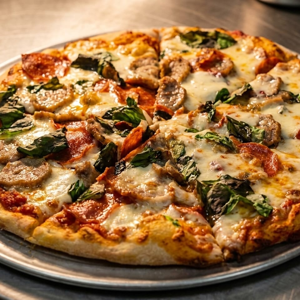 Loaded pizza with melted cheese, pepperoni, sausage, mushrooms, and fresh basil on a metal serving tray.