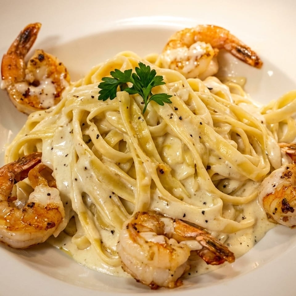 Creamy fettuccine Alfredo topped with grilled shrimp and parsley, served on a white plate.