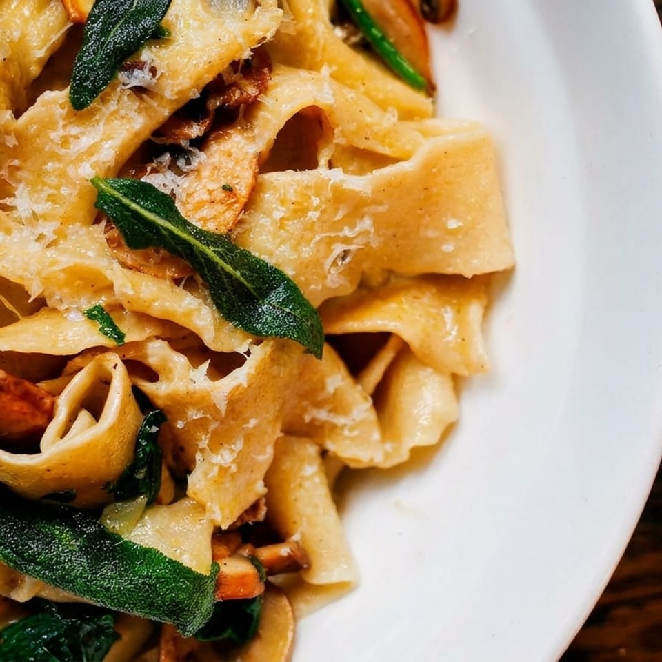 Close-up of ribbon pasta with mushrooms, toasted nuts, crispy sage, greens, and grated cheese on a white plate.