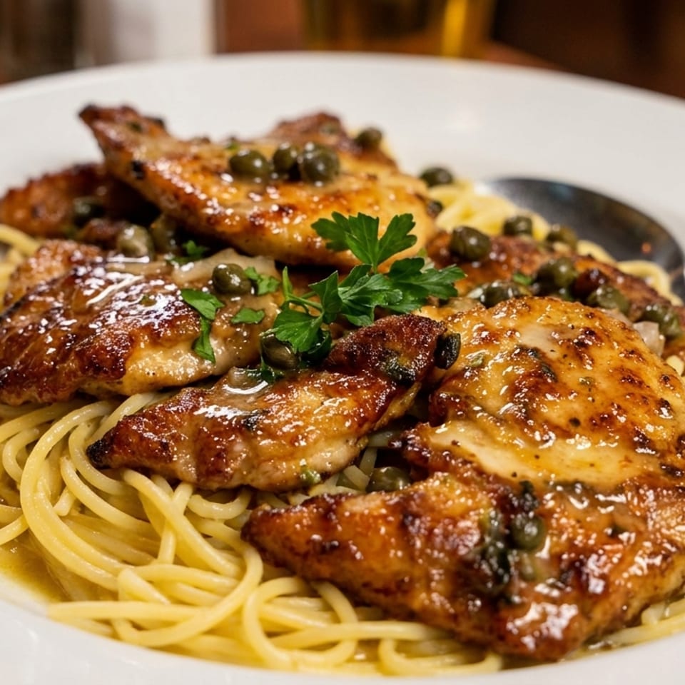 Golden chicken piccata with capers and parsley served over spaghetti on a white restaurant plate.