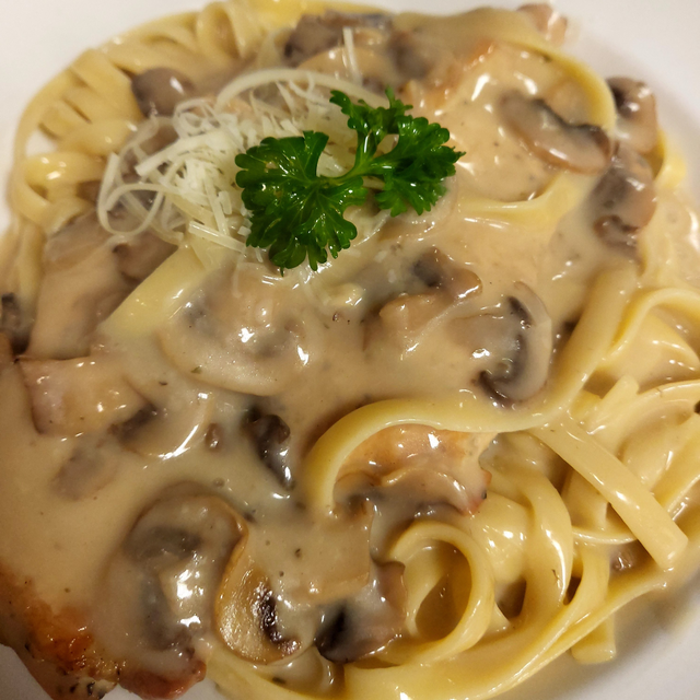 L: Chicken Marsala.